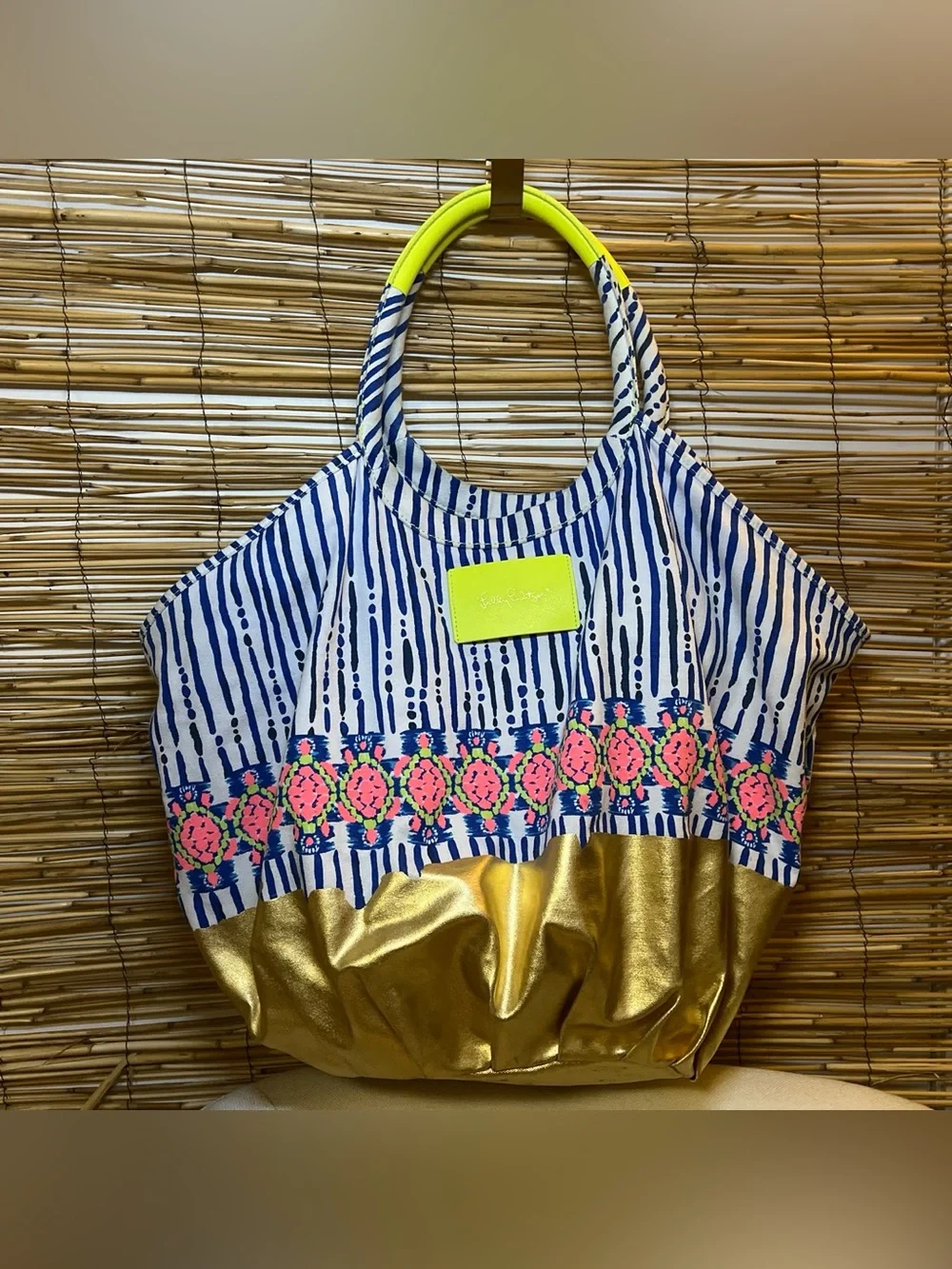 Lilly Pulitzer Navy Stripe Neon Pink turtles & Gold Hobo Tote
